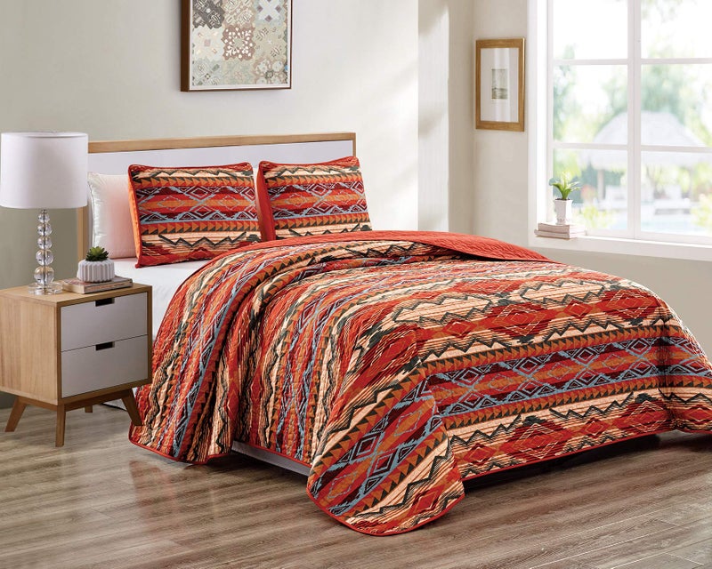 Rugs 4 Less Rustic Western Native American Quilt Bedspread Coverlet Bedding Set in Modern Southwest Tribal Patterns in Soft Beige Brown Turquoise Blue Copper Burnt Orange & Rust Colors - Arizona (Full / Queen) - Image 1